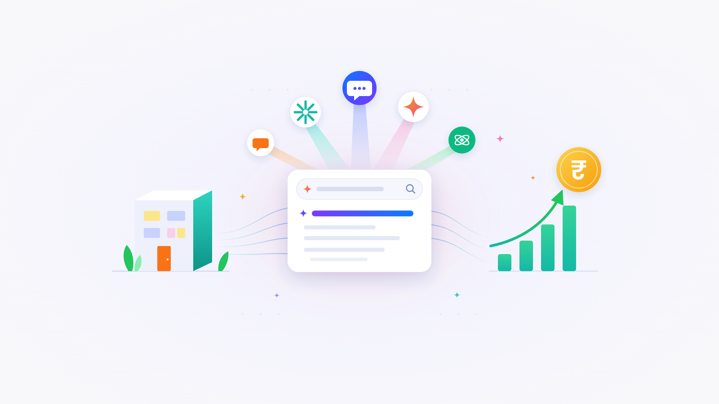 Illustration of a brand, an AI answer that names it, and revenue rising as a result